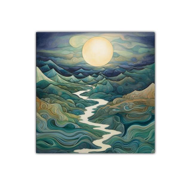 Paisaje onírico con río serpenteante bajo luna llena