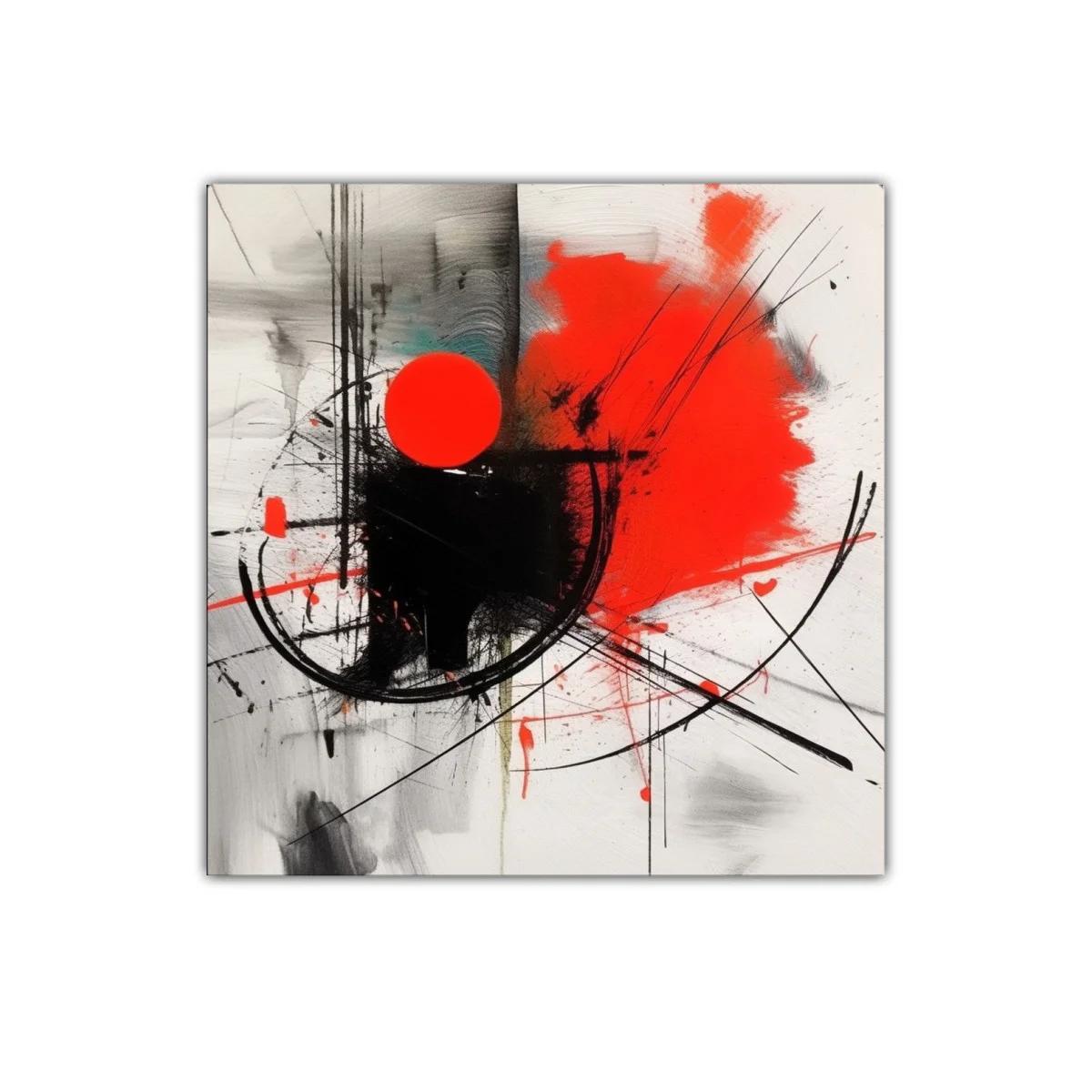 Composición abstracta con círculos rojos y trazos dinámicos