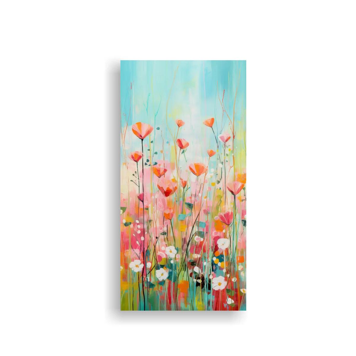 Cuadro de amapolas con manchas de color rosa turquesa y amarillo