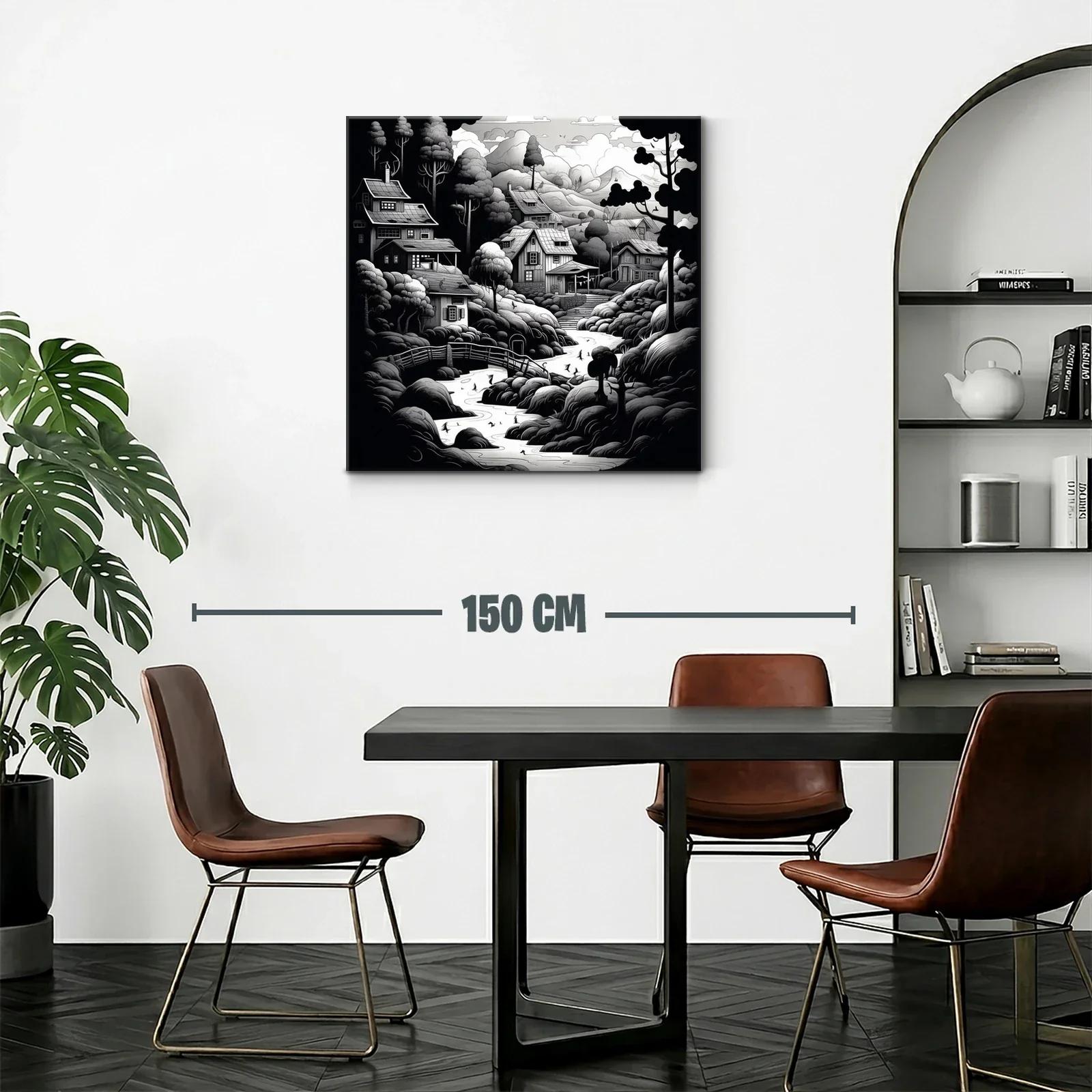 Paisaje rural en blanco y negro con casas y río serpenteante — miniatura 2