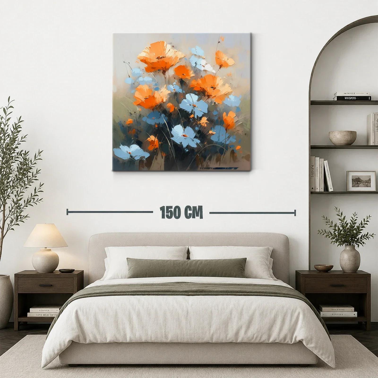 Cuadro moderno con flores naranjas y azules vibrantes — miniatura 3