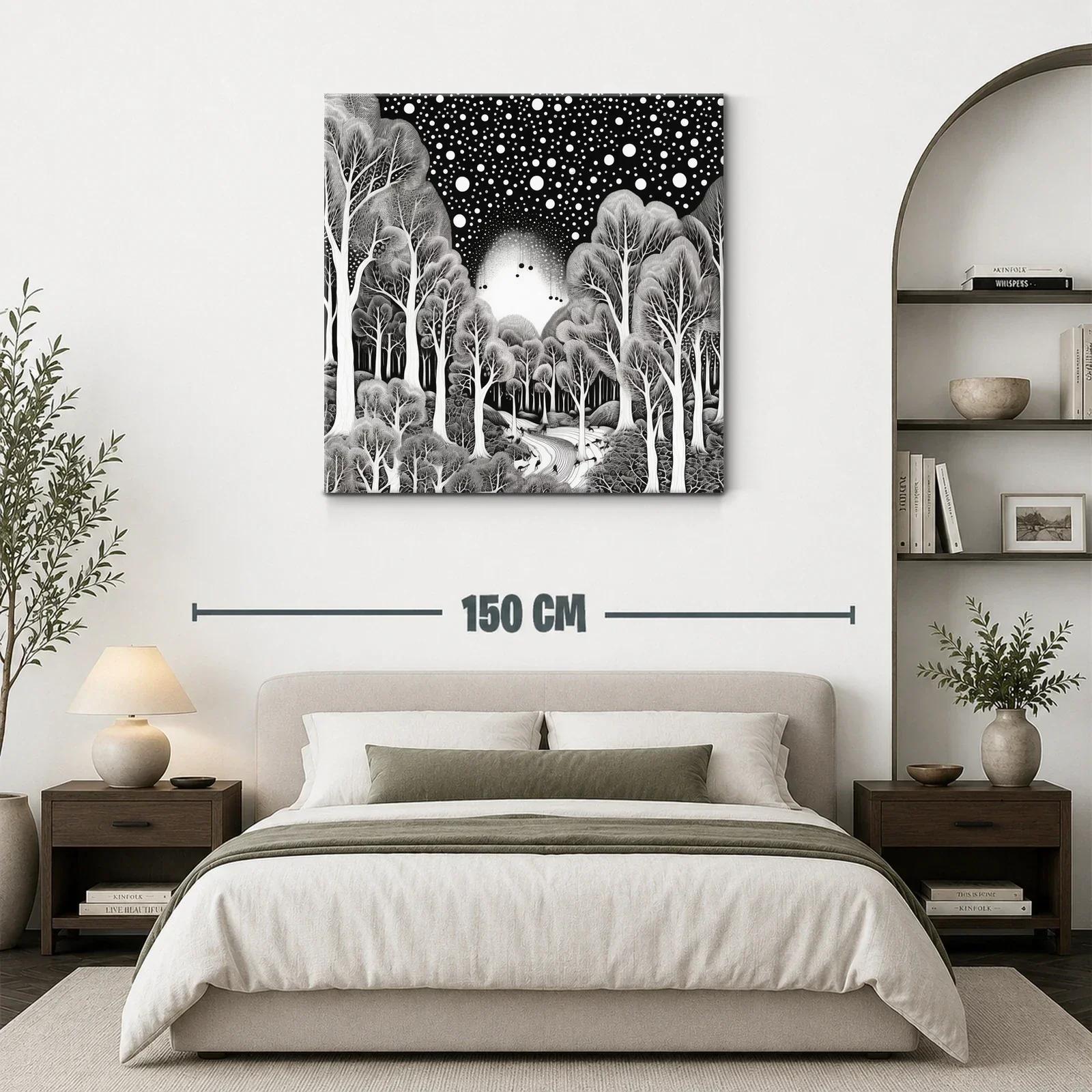 Bosque mágico bajo un cielo estrellado en blanco y negro — miniatura 3