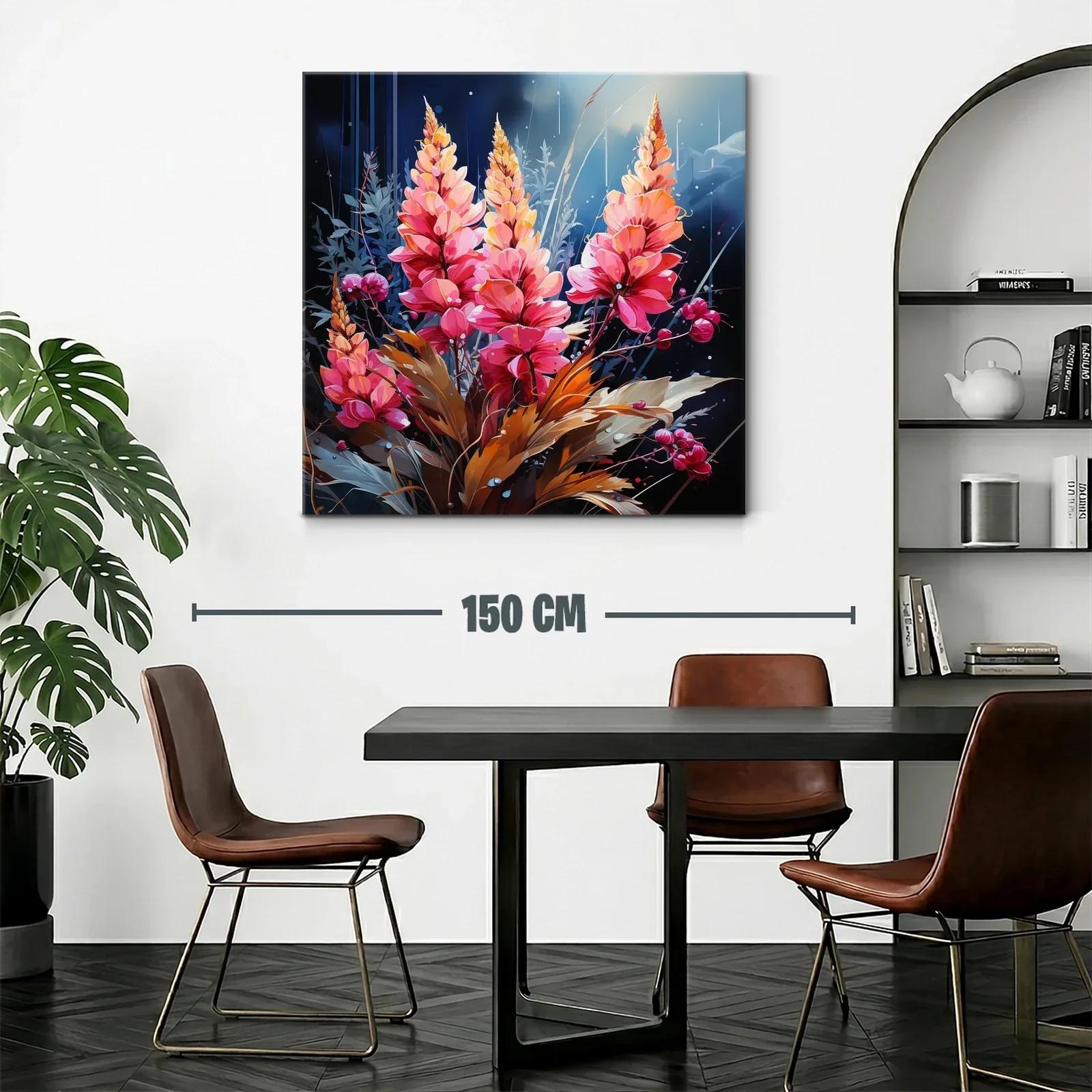 Cuadro floral vibrante con tonos cálidos y azul profundo — miniatura 2