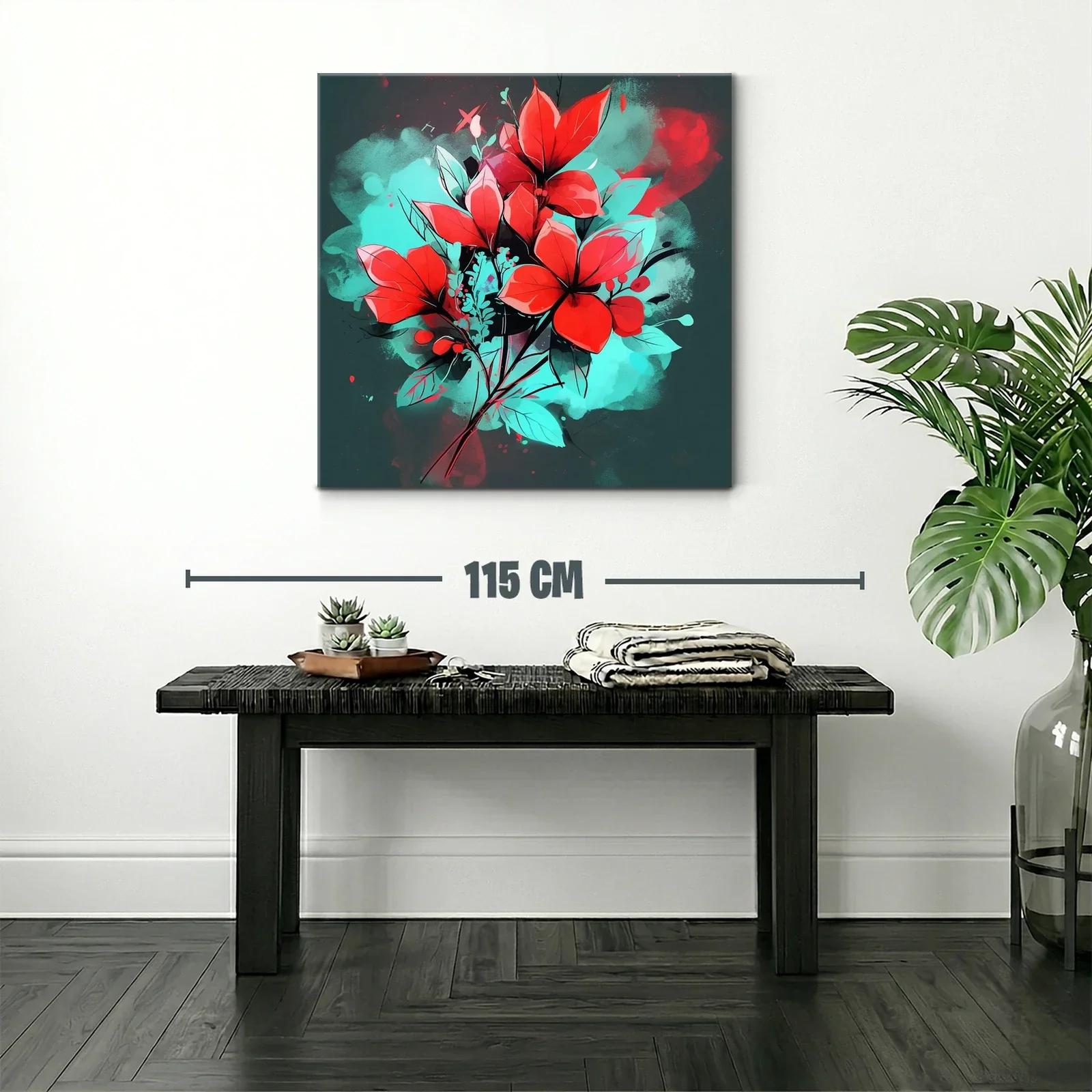 Cuadro floral vibrante con contraste rojo y turquesa — miniatura 2