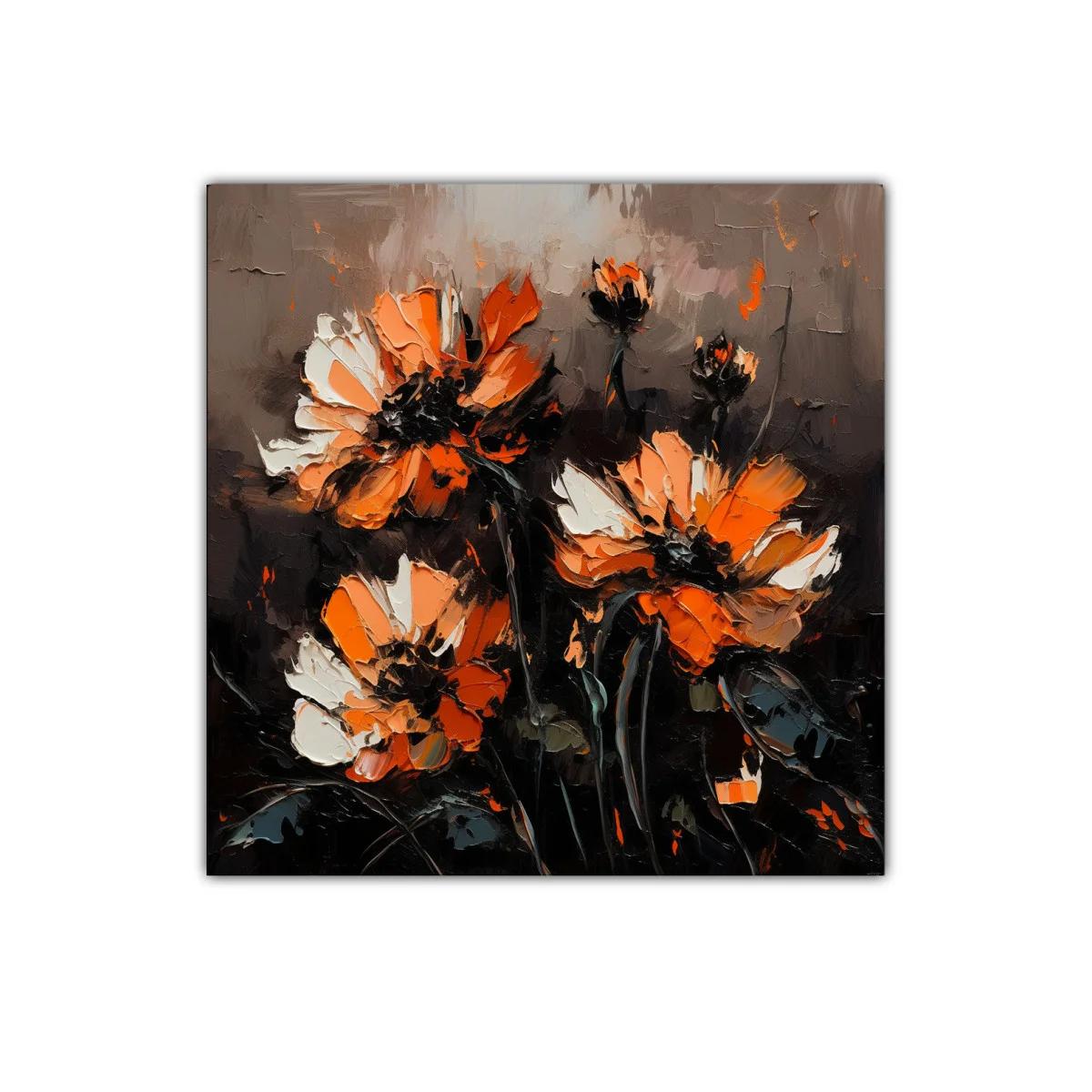 Flores vibrantes en tonos naranja y negro sobre fondo oscuro — imagen principal
