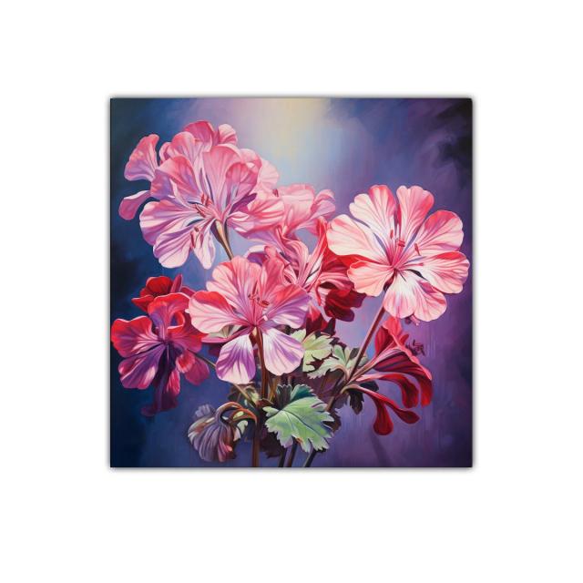 Cuadro floral con geranios en tonos rosas y morados