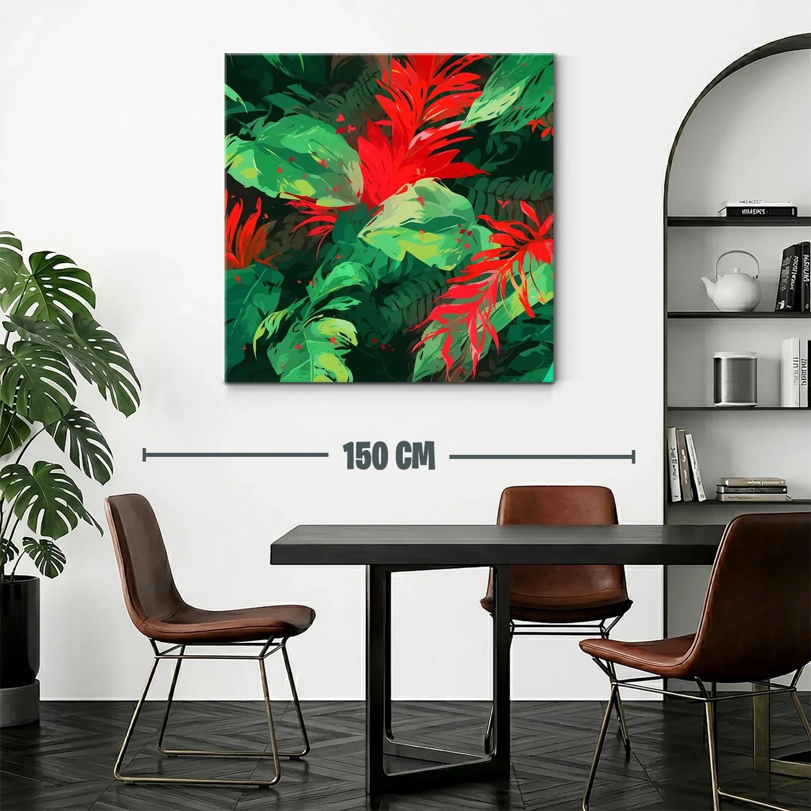Vibrante cuadro con hojas y flores tropicales rojas y verdes — miniatura 2