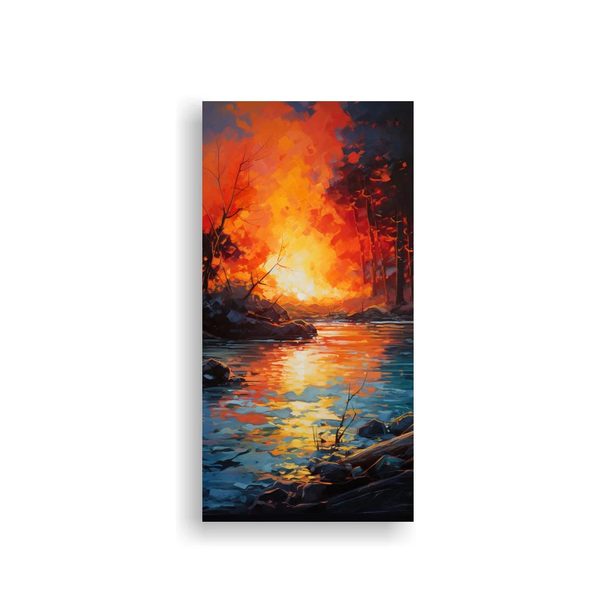 Cuadro atardecer ardiente en el bosque con reflejos dorados