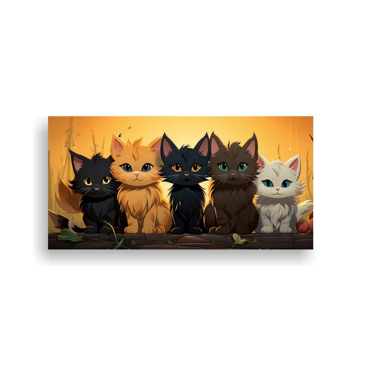 Cuadro cinco gatitos con calabazas y fondo otoñal