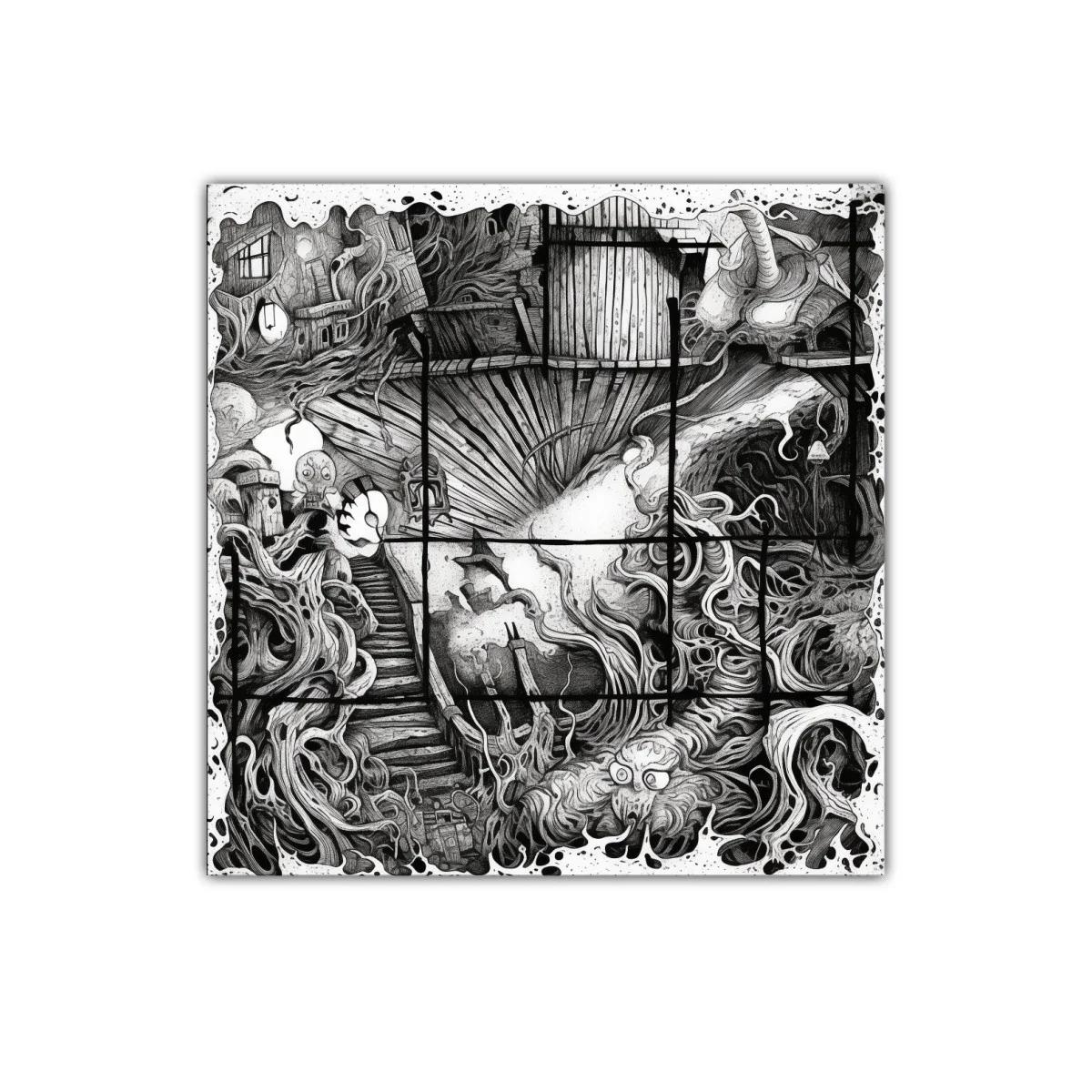 Ilustración surrealista en blanco y negro con detalles orgánicos