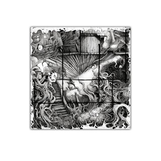 Ilustración surrealista en blanco y negro con detalles orgánicos