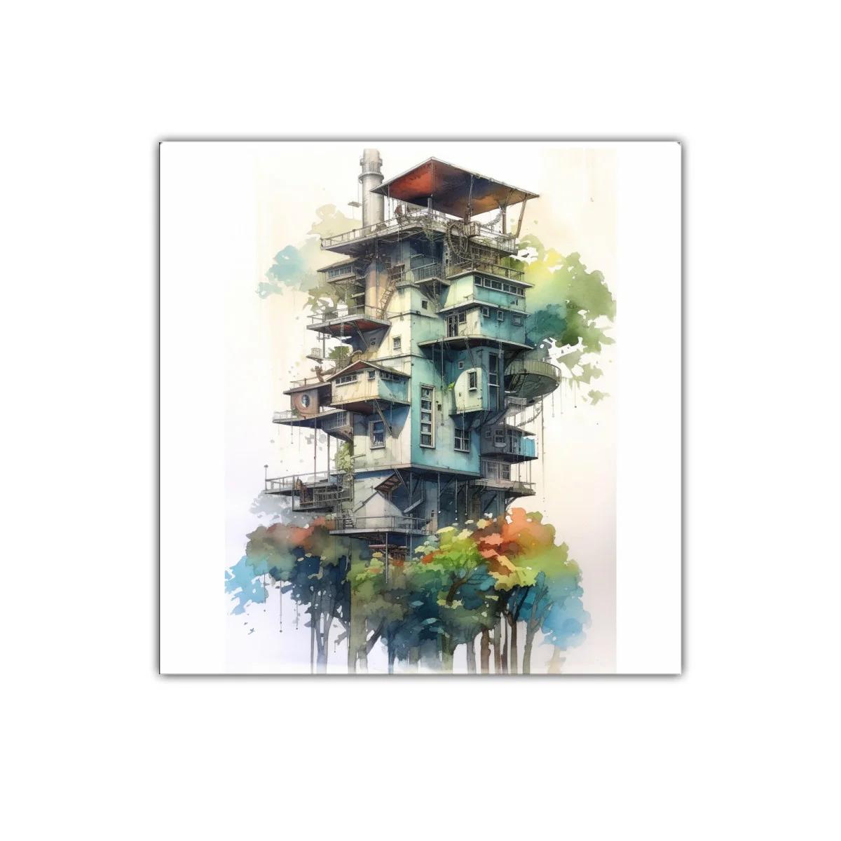 Edificio surrealista rodeado de árboles coloridos
