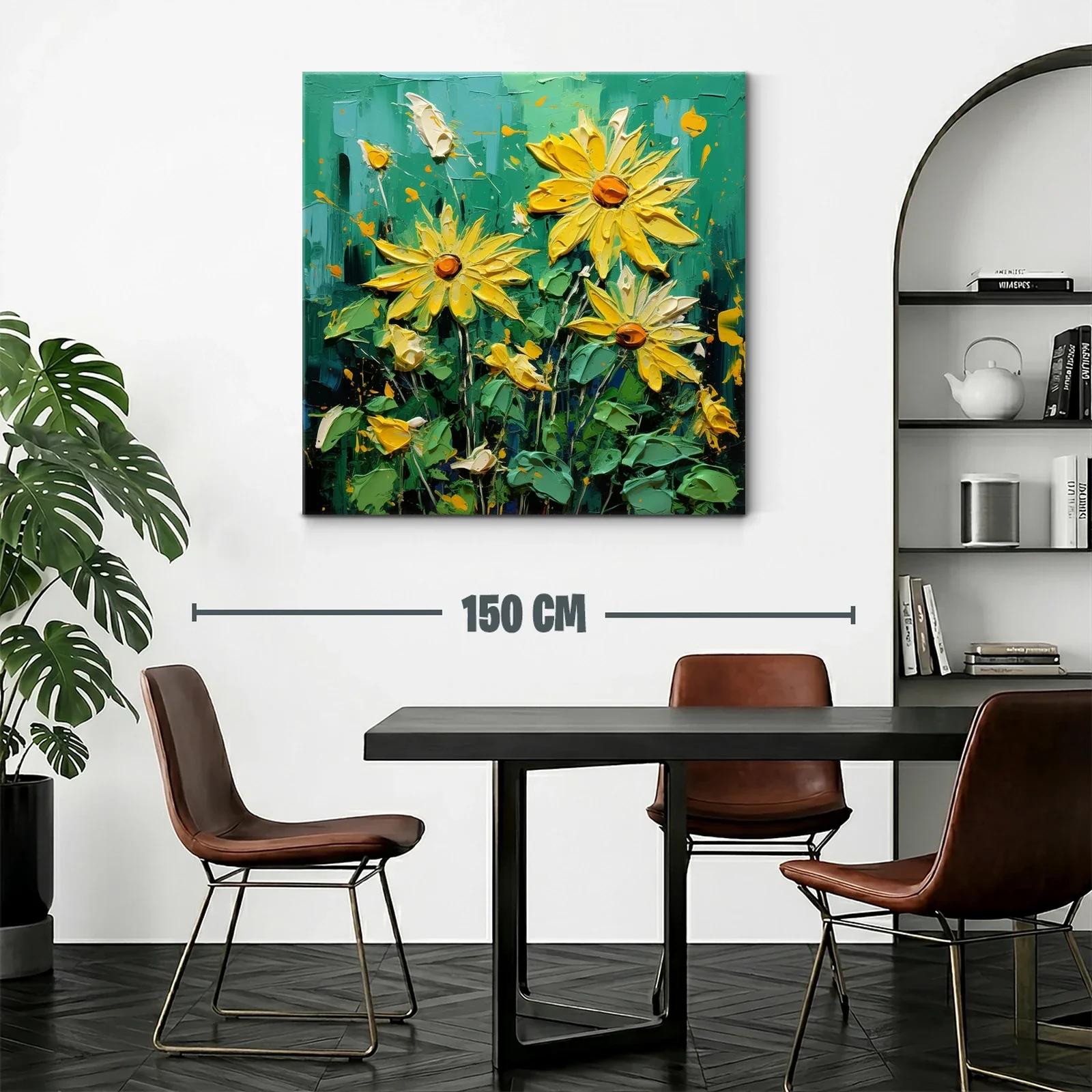 Cuadro vibrante con flores amarillas sobre fondo verde intenso — miniatura 2