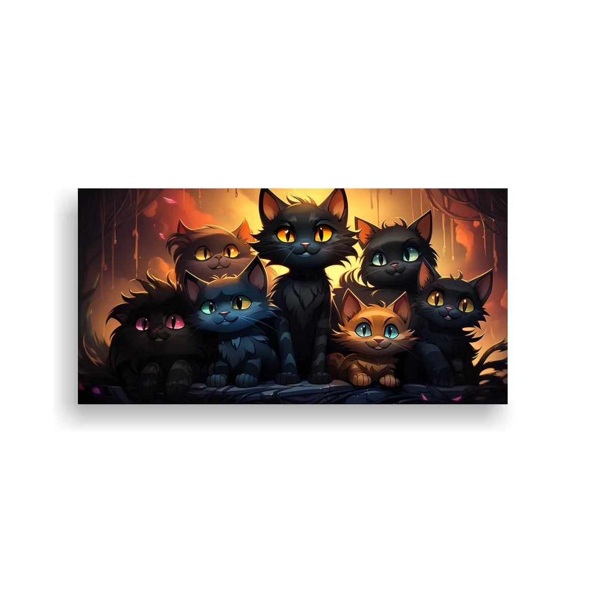 Cuadro grupo de gatos negros y naranjas con luces cálidas