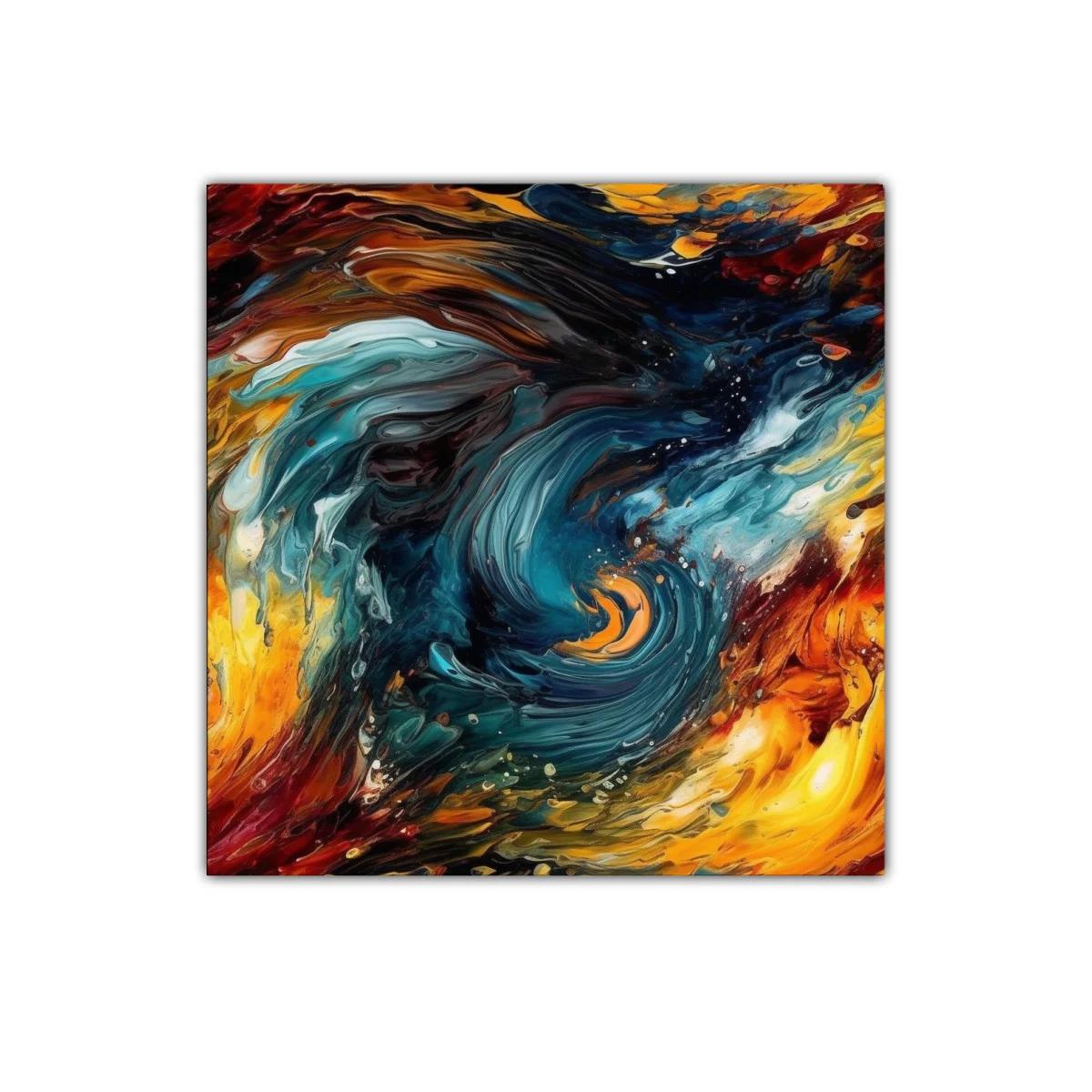 Cuadro abstracto con torbellino de colores intensos y cálidos