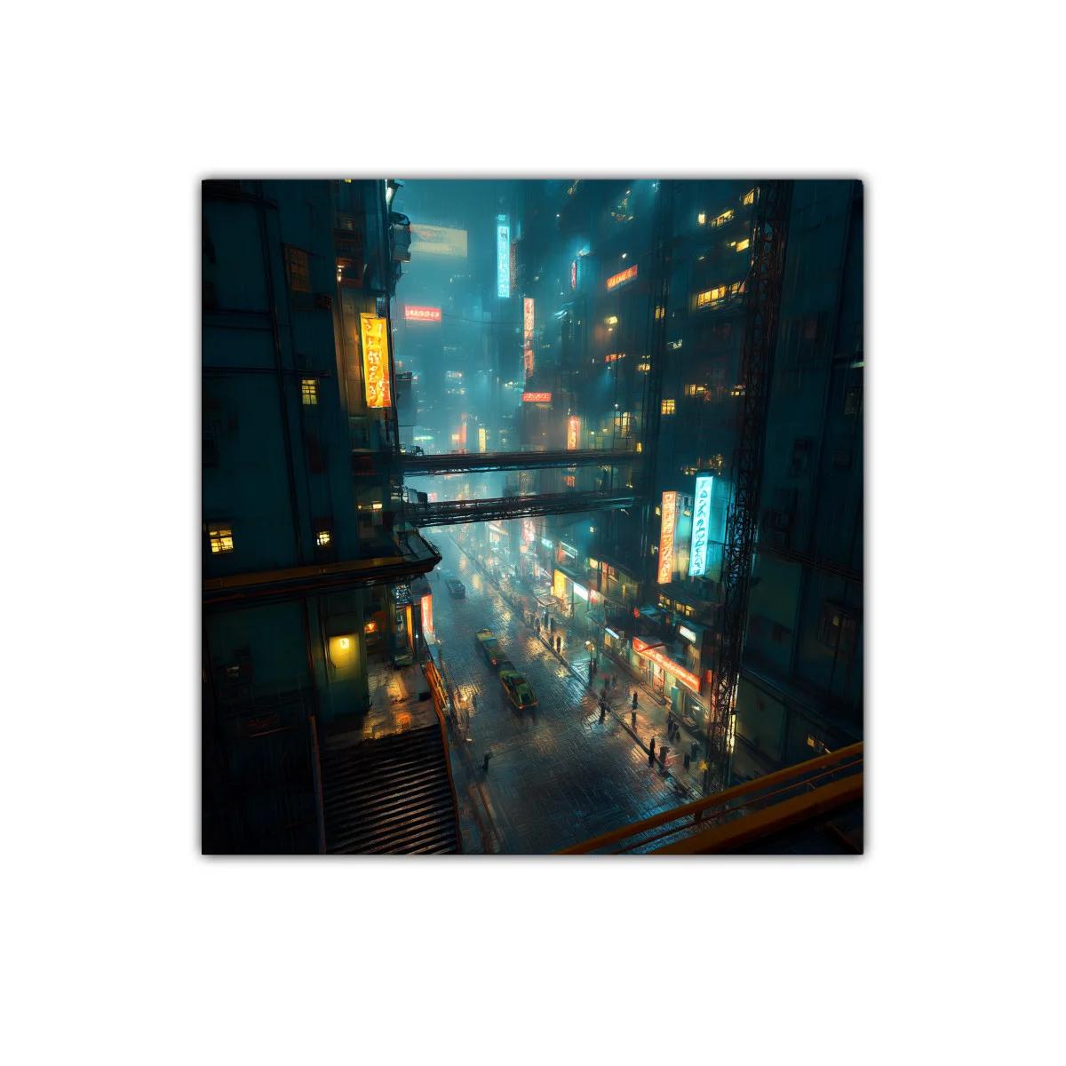 Paisaje urbano nocturno con luces de neón sobre calle mojada