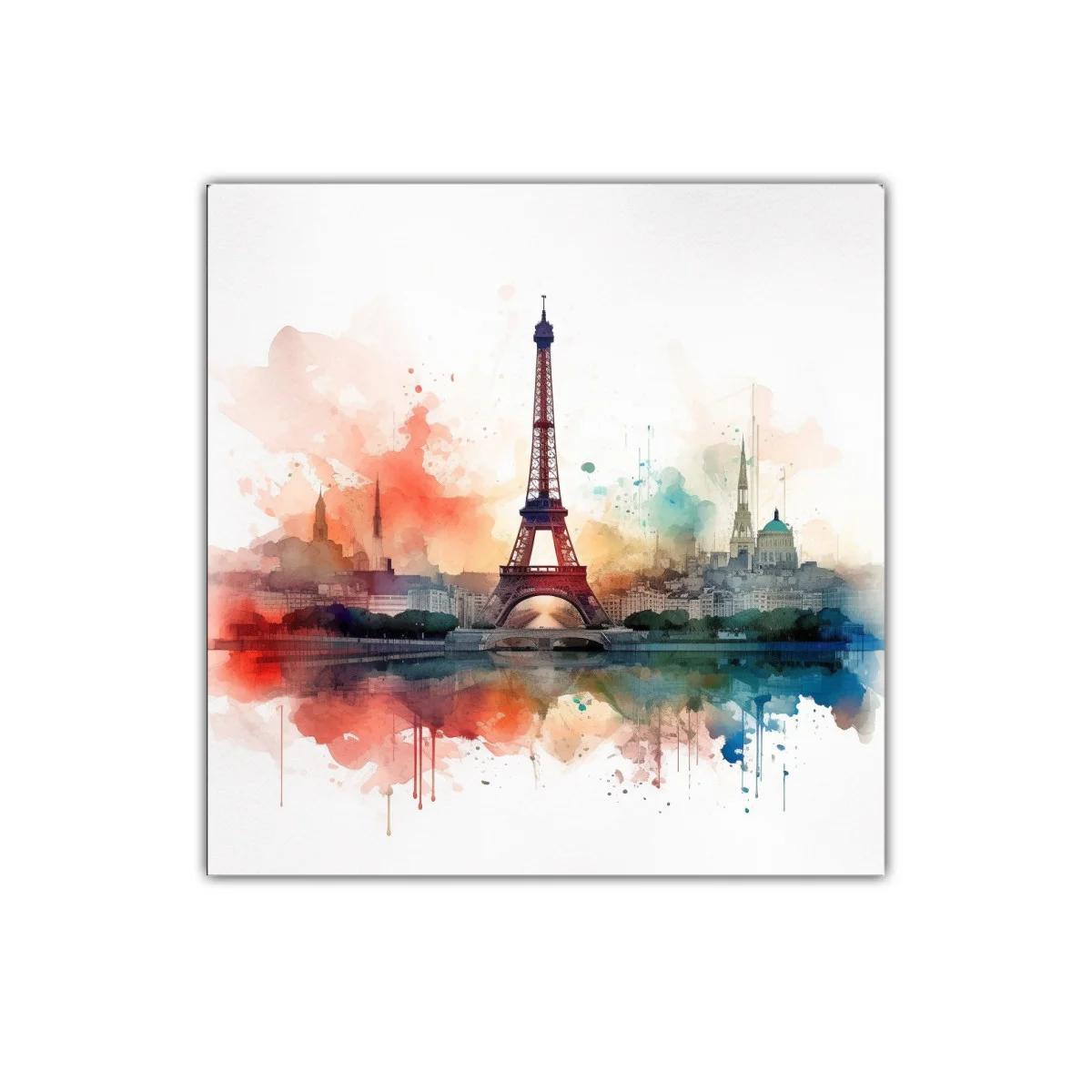 Cuadro con silueta de Torre Eiffel y skyline urbano colorido