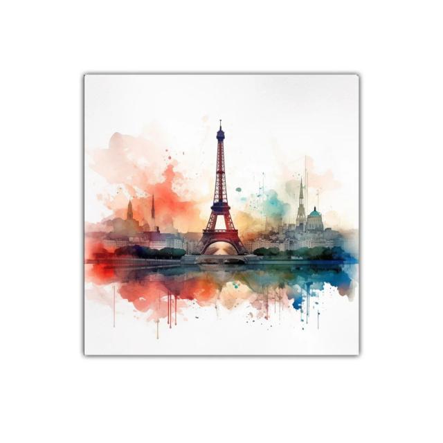 Cuadro con silueta de Torre Eiffel y skyline urbano colorido