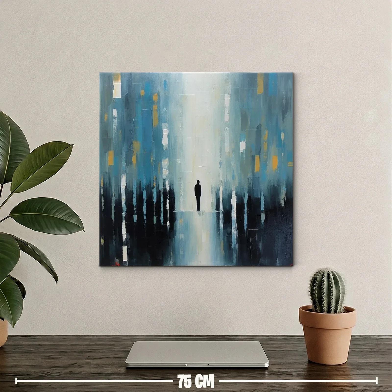 Cuadro abstracto figura solitaria en tonos azules y dorados — miniatura 2