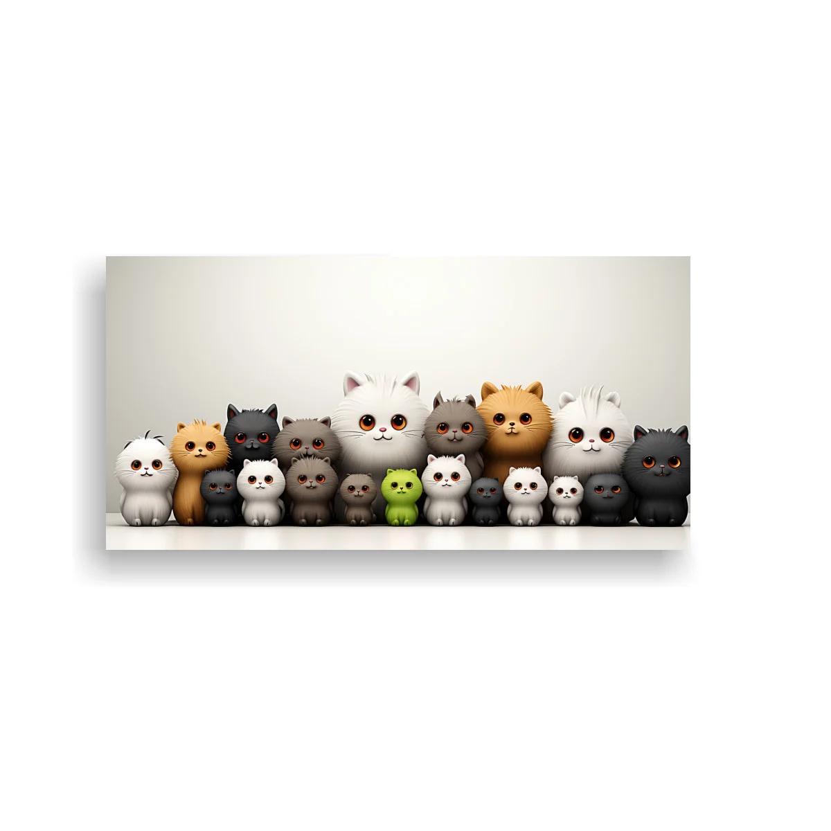 Cuadro fila de gatitos kawaii con fondo degradado