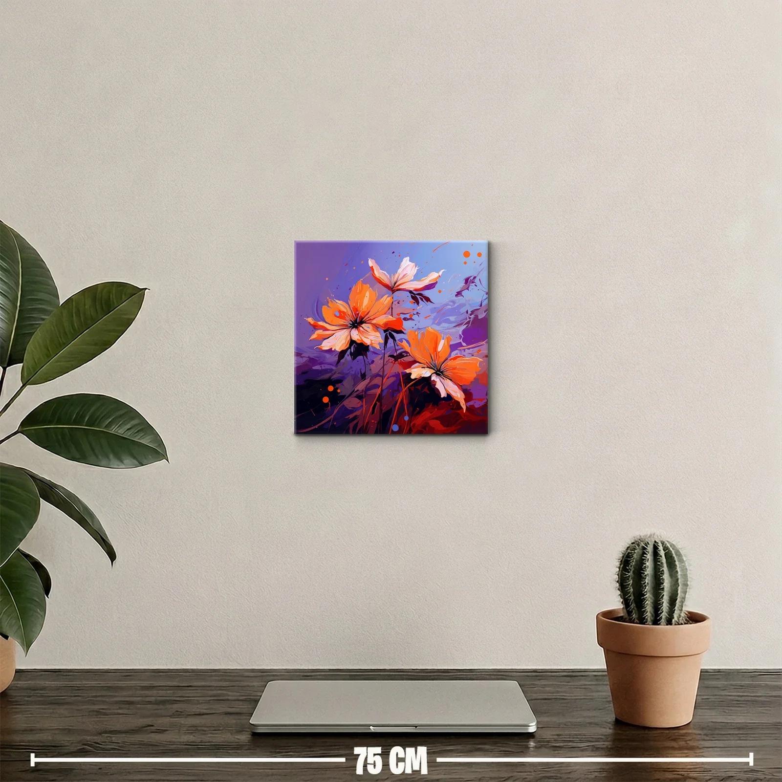 Cuadro floral moderno con flores anaranjadas sobre fondo violeta — miniatura 2