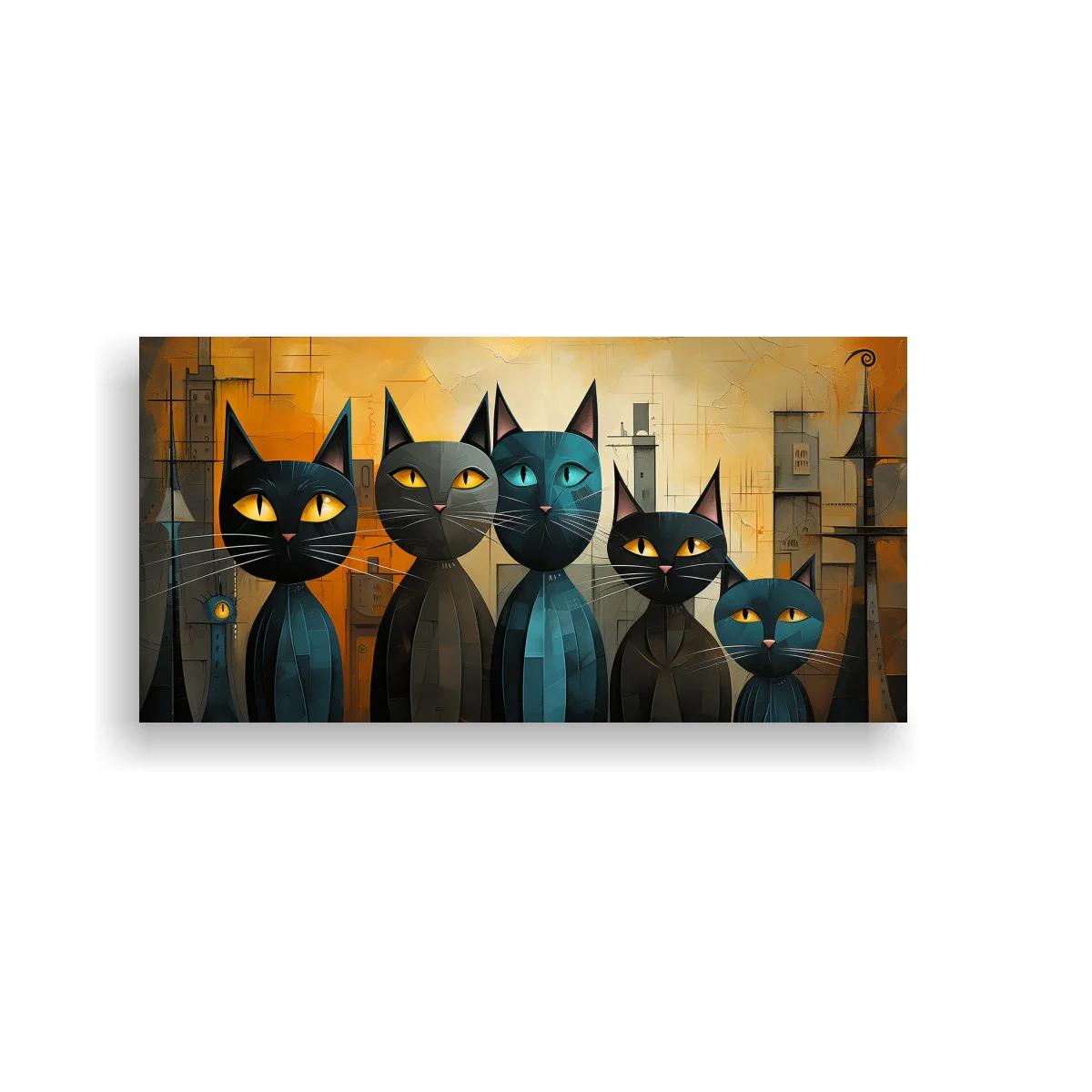 Cuadro grupo de gatos negros y azules ante ciudad geométrica