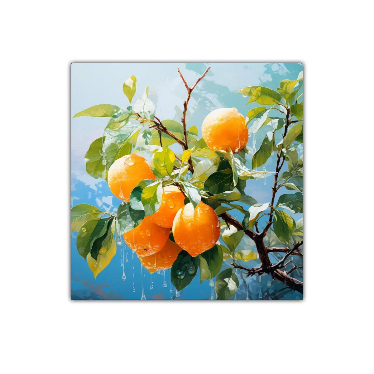Cuadro decorativo con limones frescos y hojas verdes