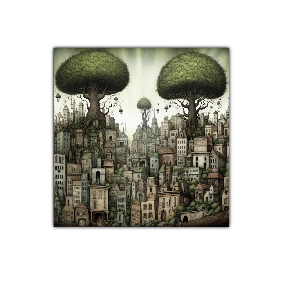 Ciudad entre árboles gigantes con atmósfera onírica