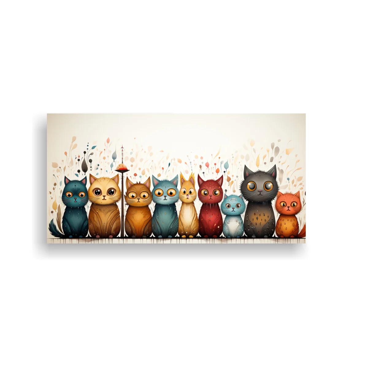 Cuadro fila de gatos de colores con motivos vegetales