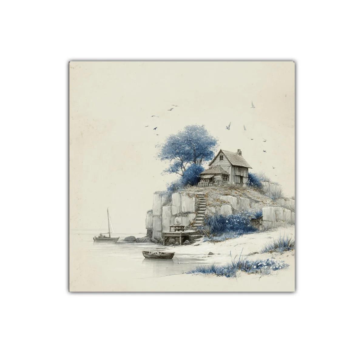 Paisaje costero sereno con cabaña entre acantilados y barcos — miniatura 1