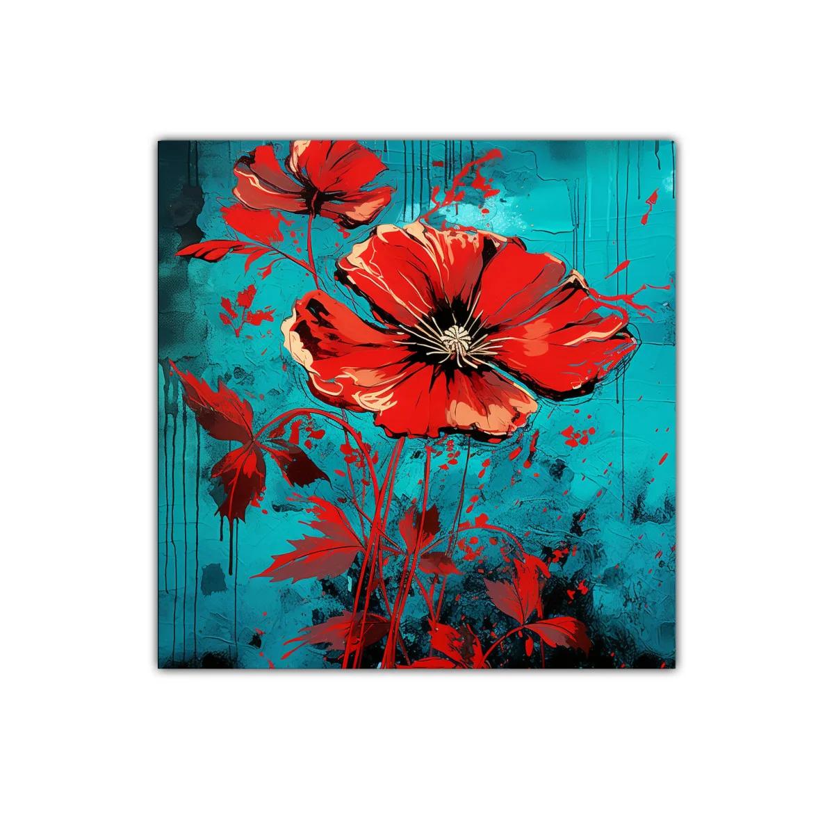 Llamativo cuadro floral con amapolas rojas y fondo azul