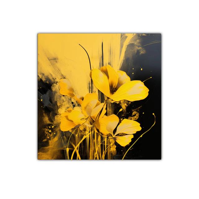 Cuadro decorativo flores amarillas vibrantes sobre fondo oscuro