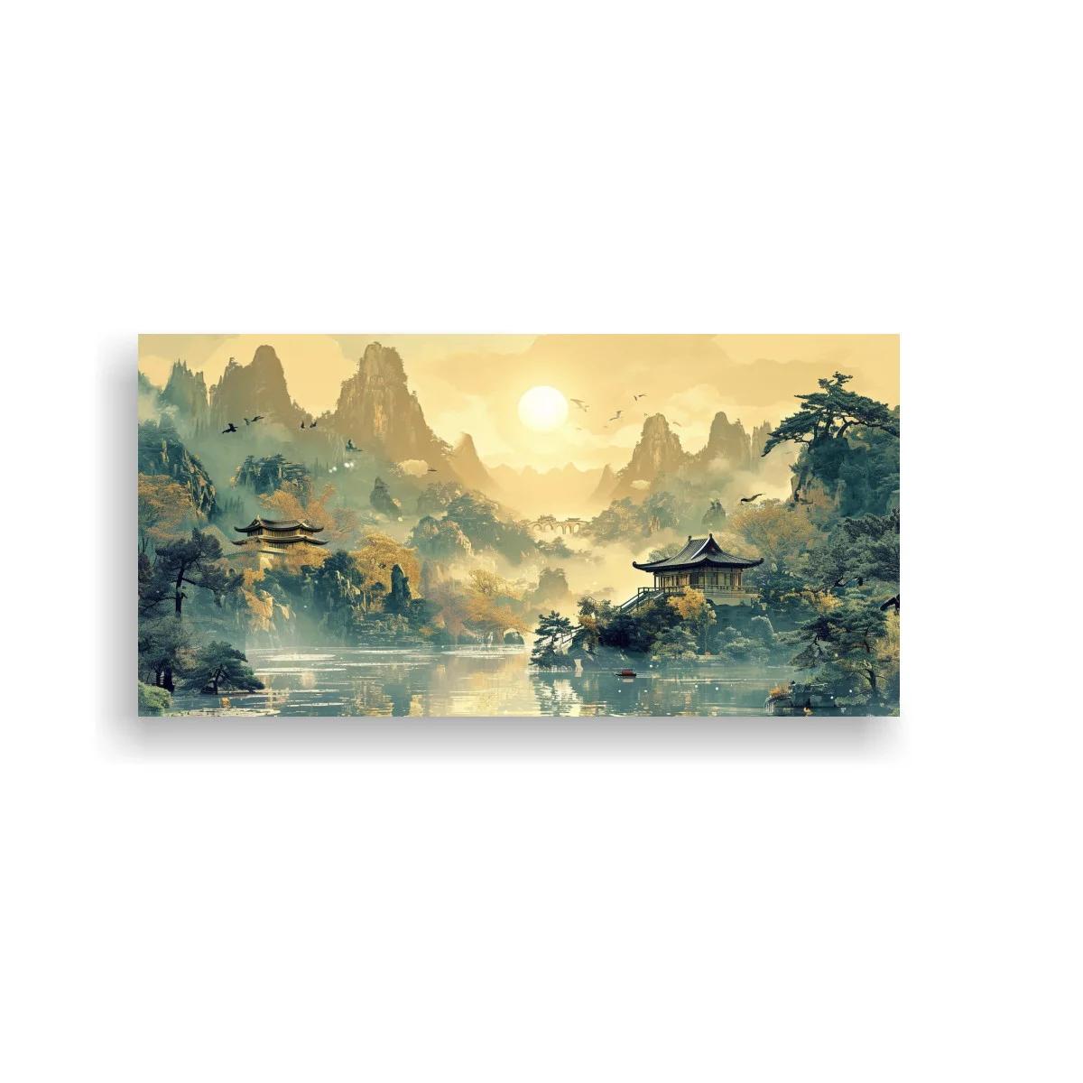 Cuadro paisaje oriental con templos y niebla entre montañas