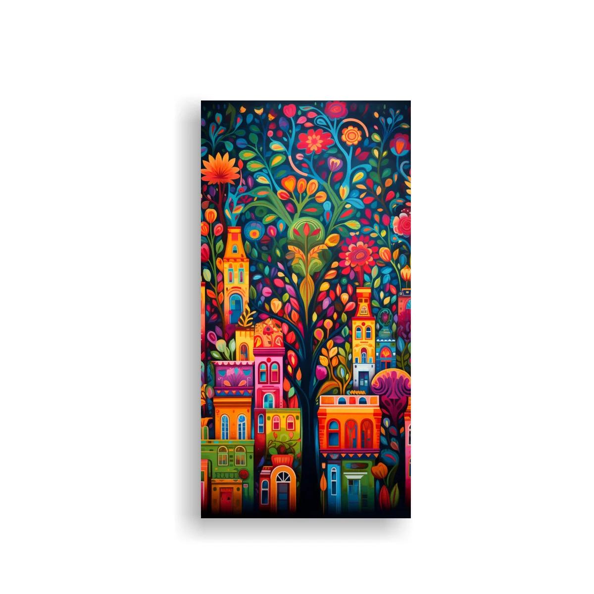 Cuadro pueblo fantástico entre flores grandes