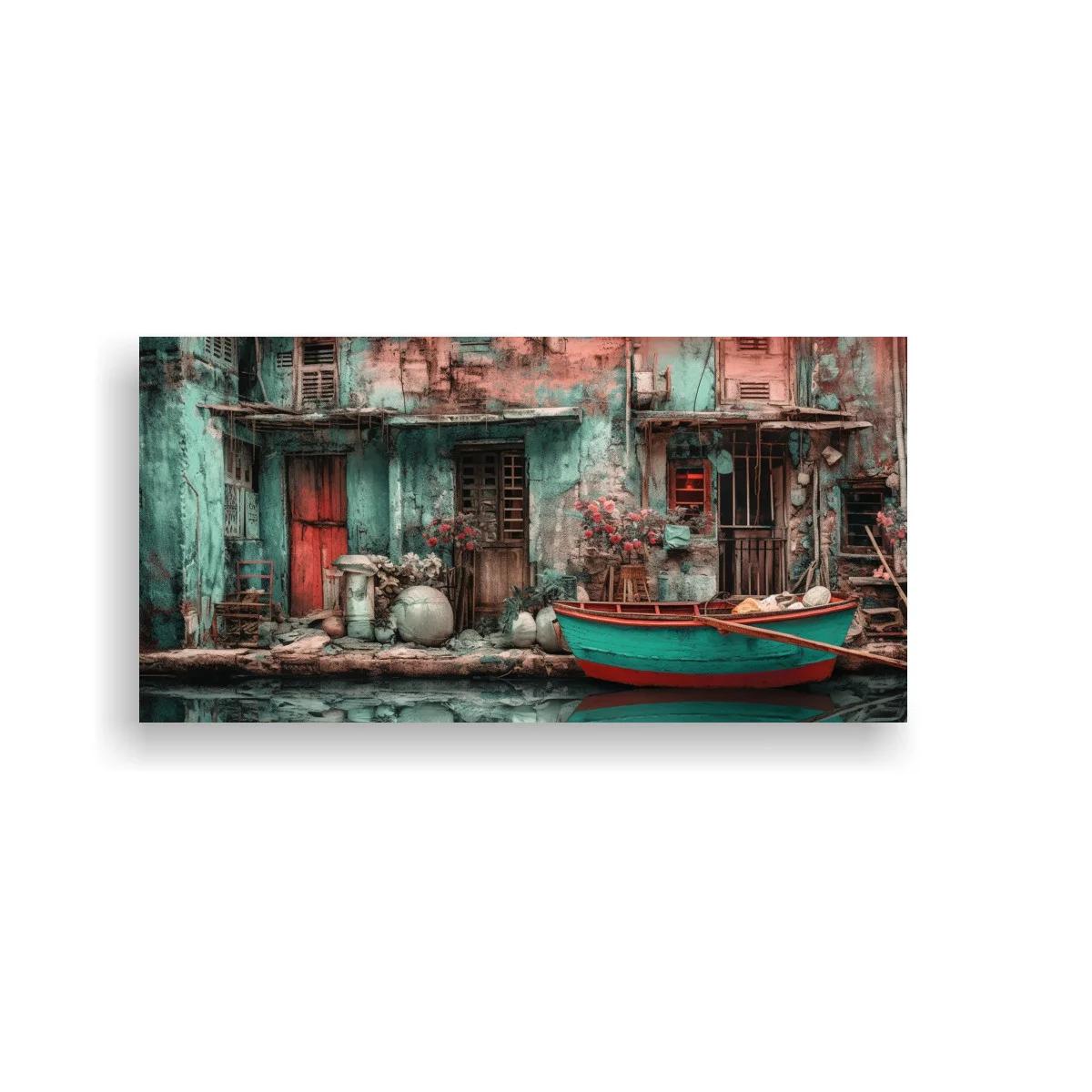 Cuadro barca roja junto a casas antiguas en formato panorámico — imagen principal