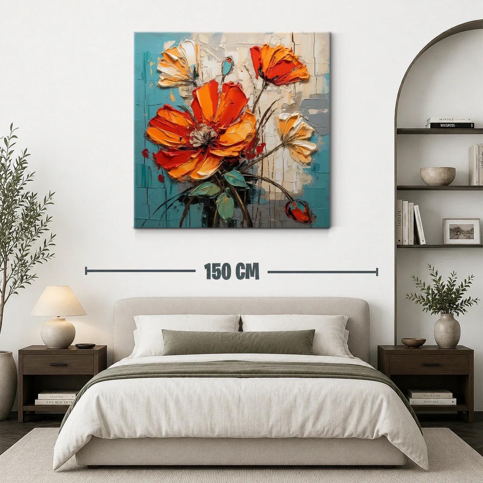 Cuadro floral con vibrantes tonos naranja y turquesa — miniatura 3