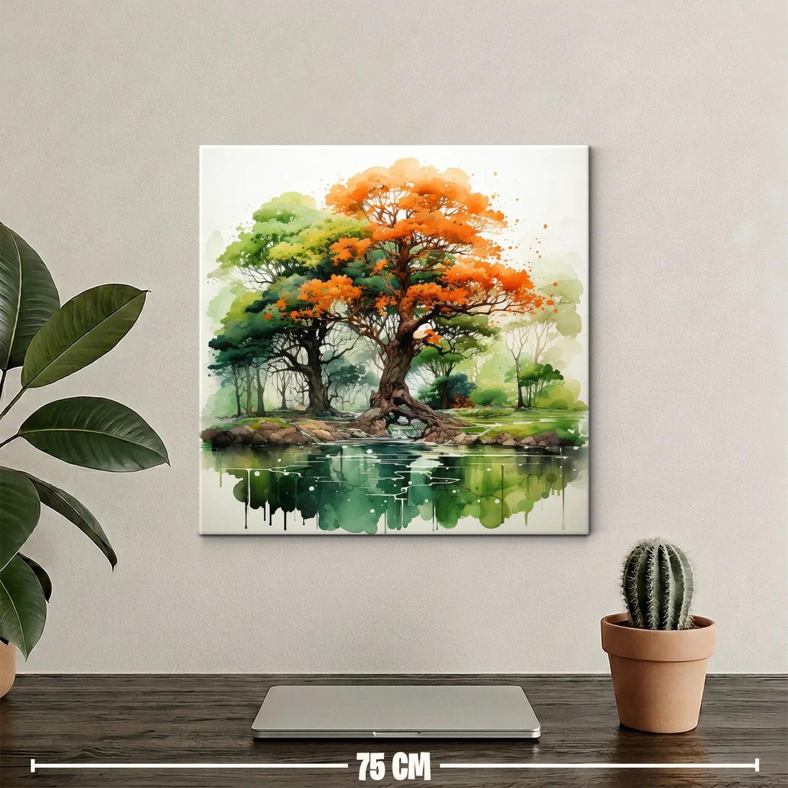 Árboles con hojas anaranjadas y verdes sobre lago tranquilo — miniatura 2