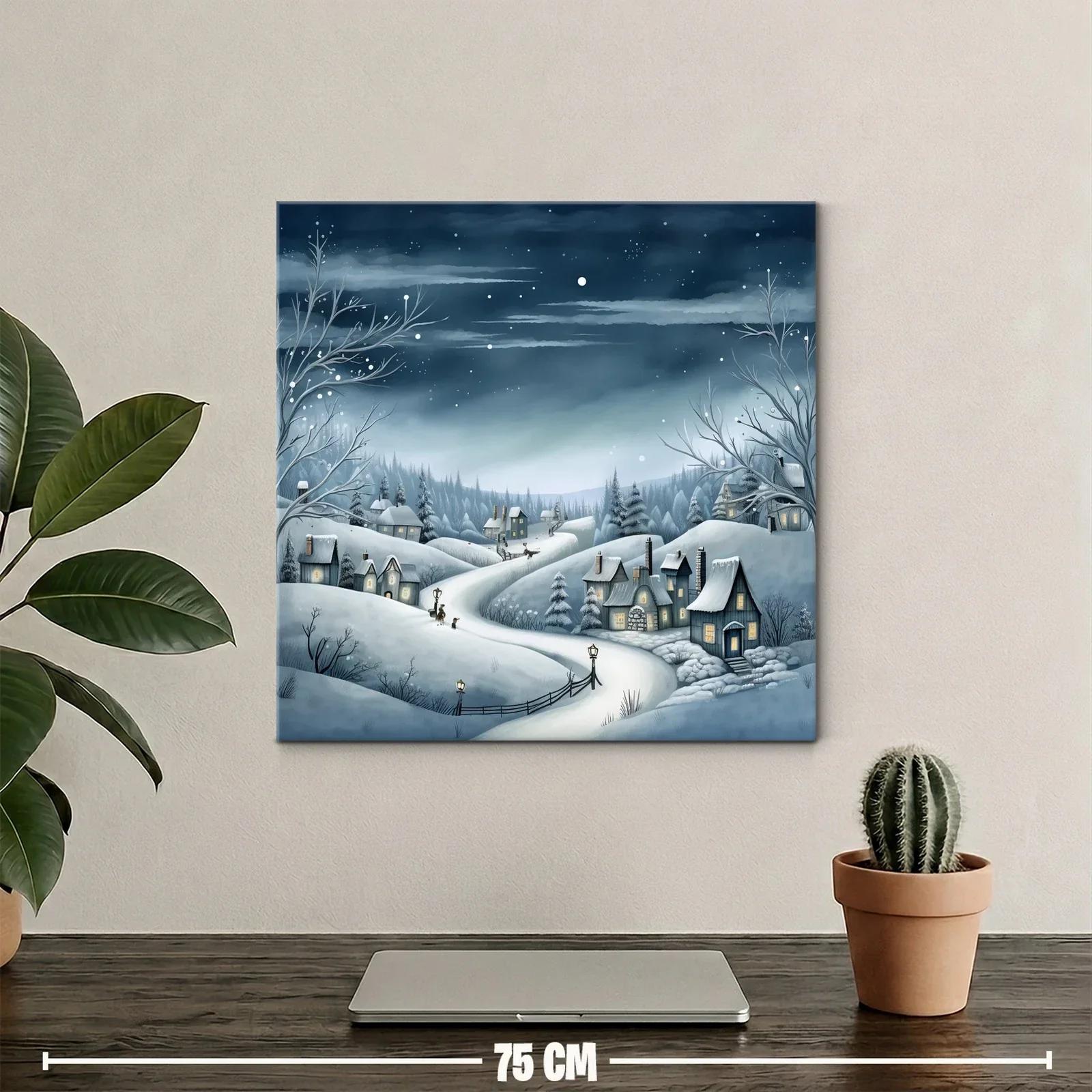 Paisaje invernal con casas y cielo estrellado nocturno — miniatura 2