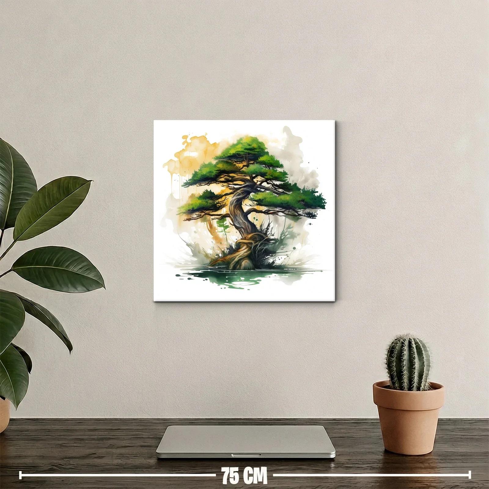 Árbol bonsái con tonos verdes y dorados en acuarela moderna — miniatura 2