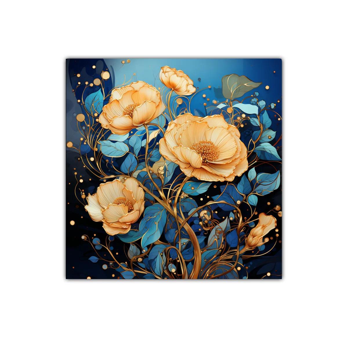 Ramillete de flores doradas sobre fondo azul intenso