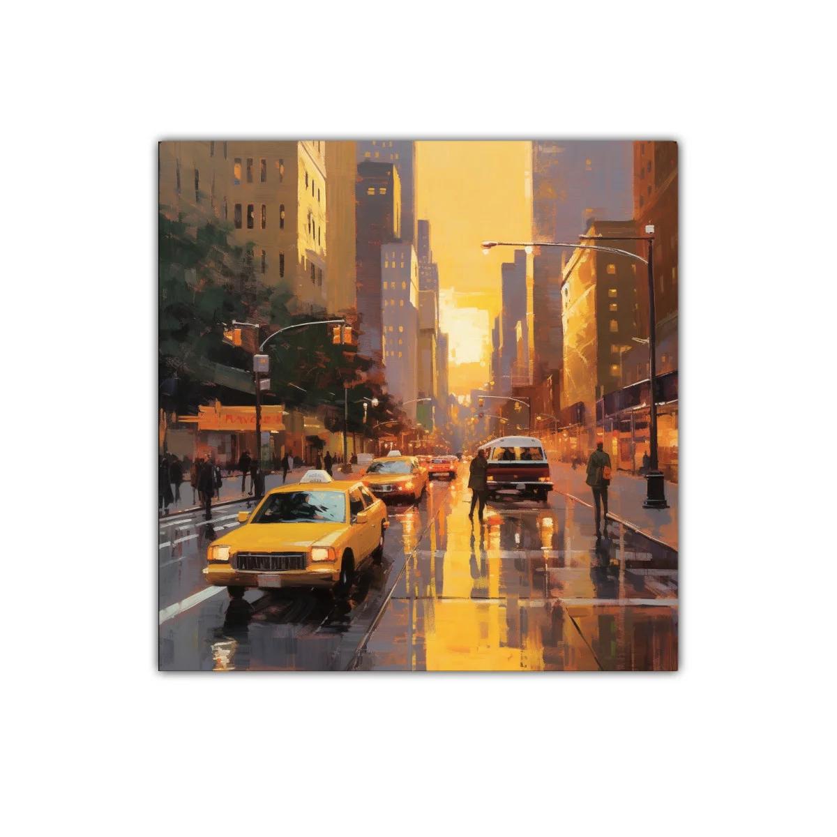 Atardecer urbano con taxis en calles mojadas — imagen principal