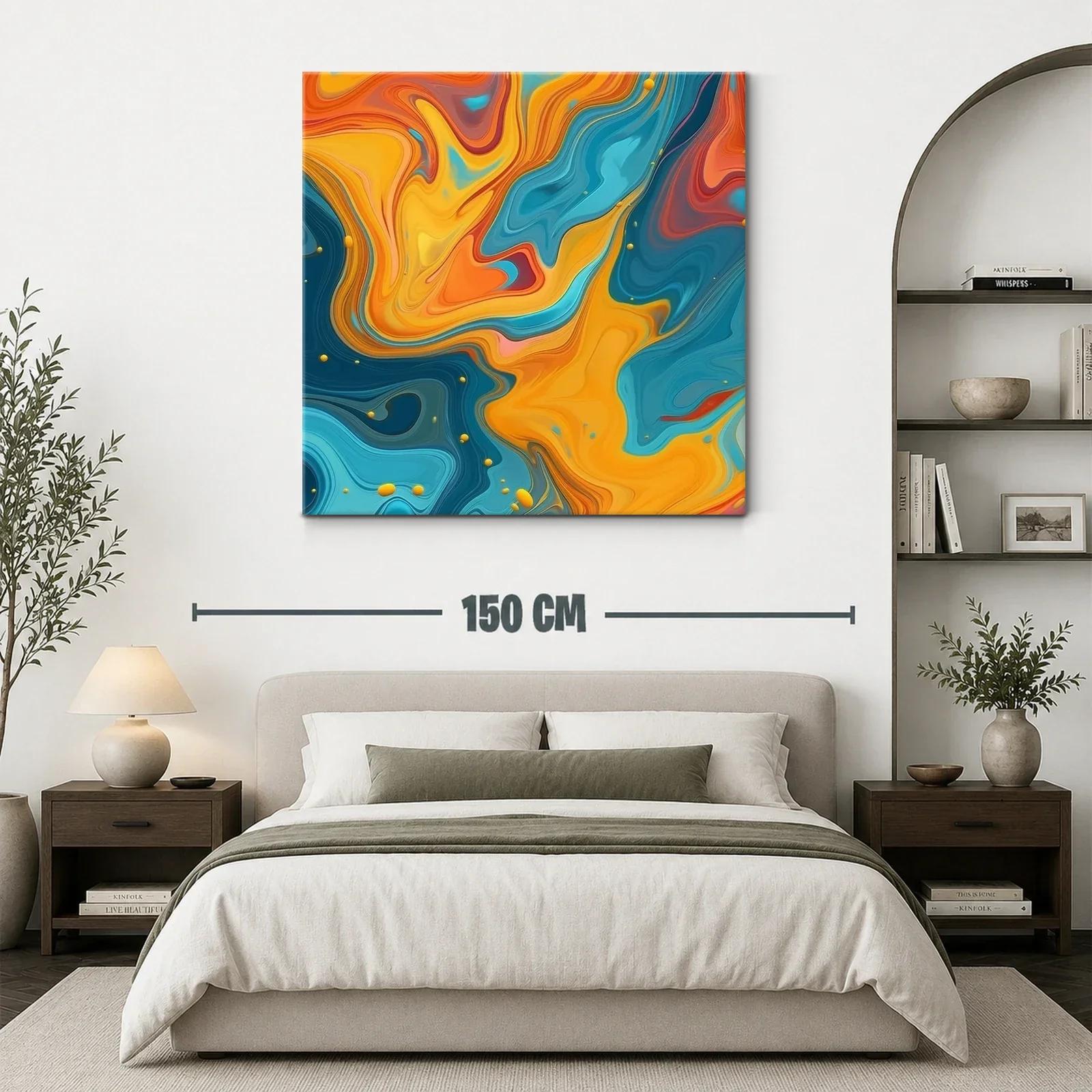 Cuadro abstracto vibrante con tonos anaranjados y azulados — miniatura 3