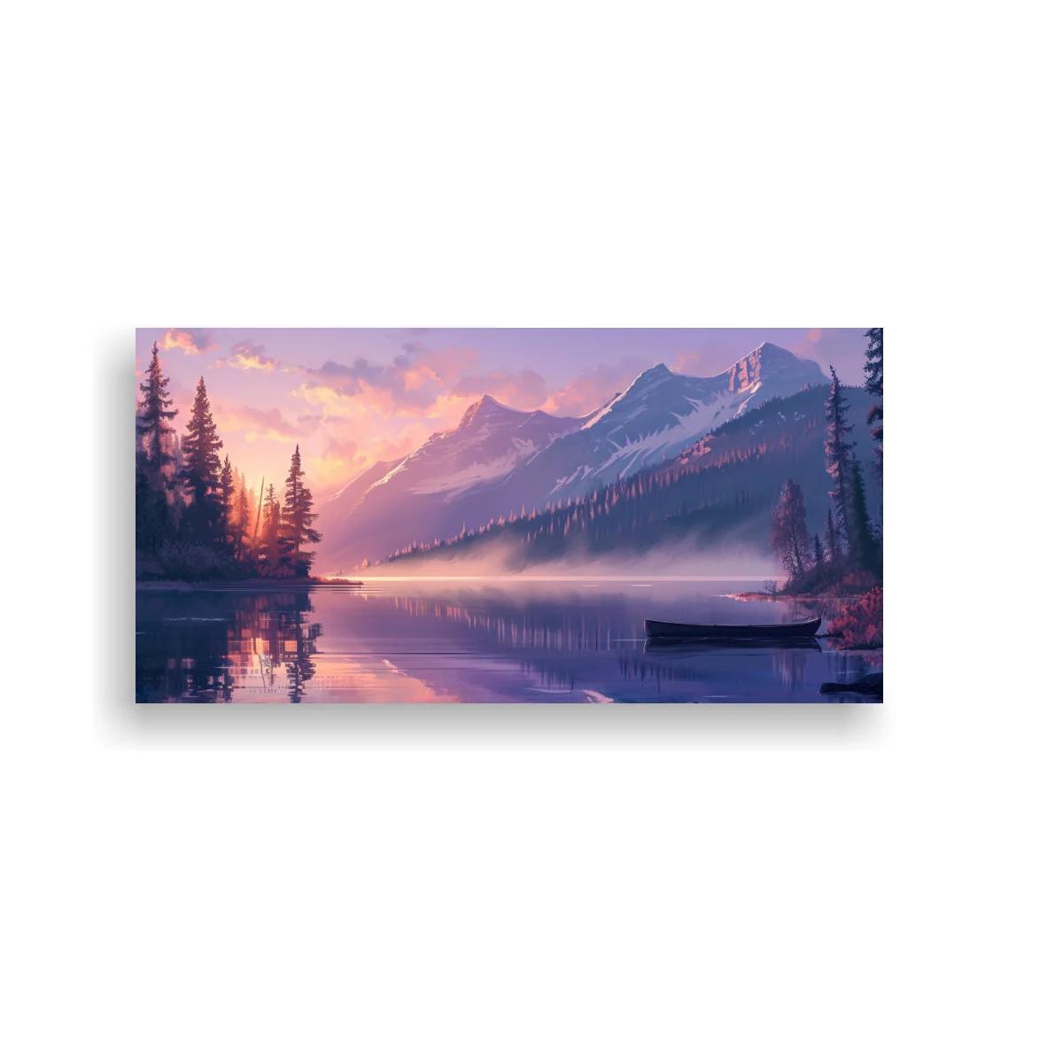 Cuadro lago de montaña al amanecer con barca pequeña
