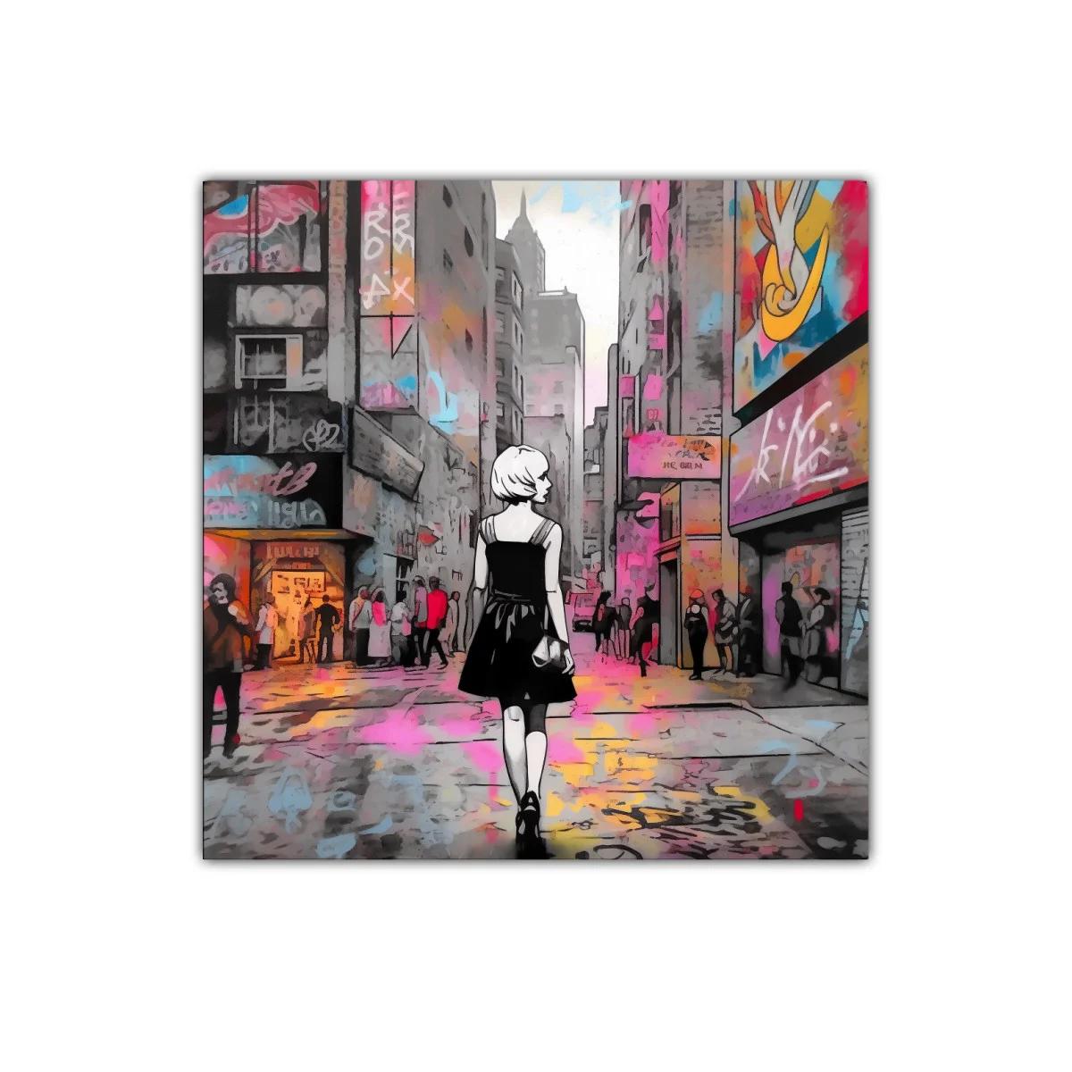 Mujer caminando por calle urbana llena de colores vivos — imagen principal