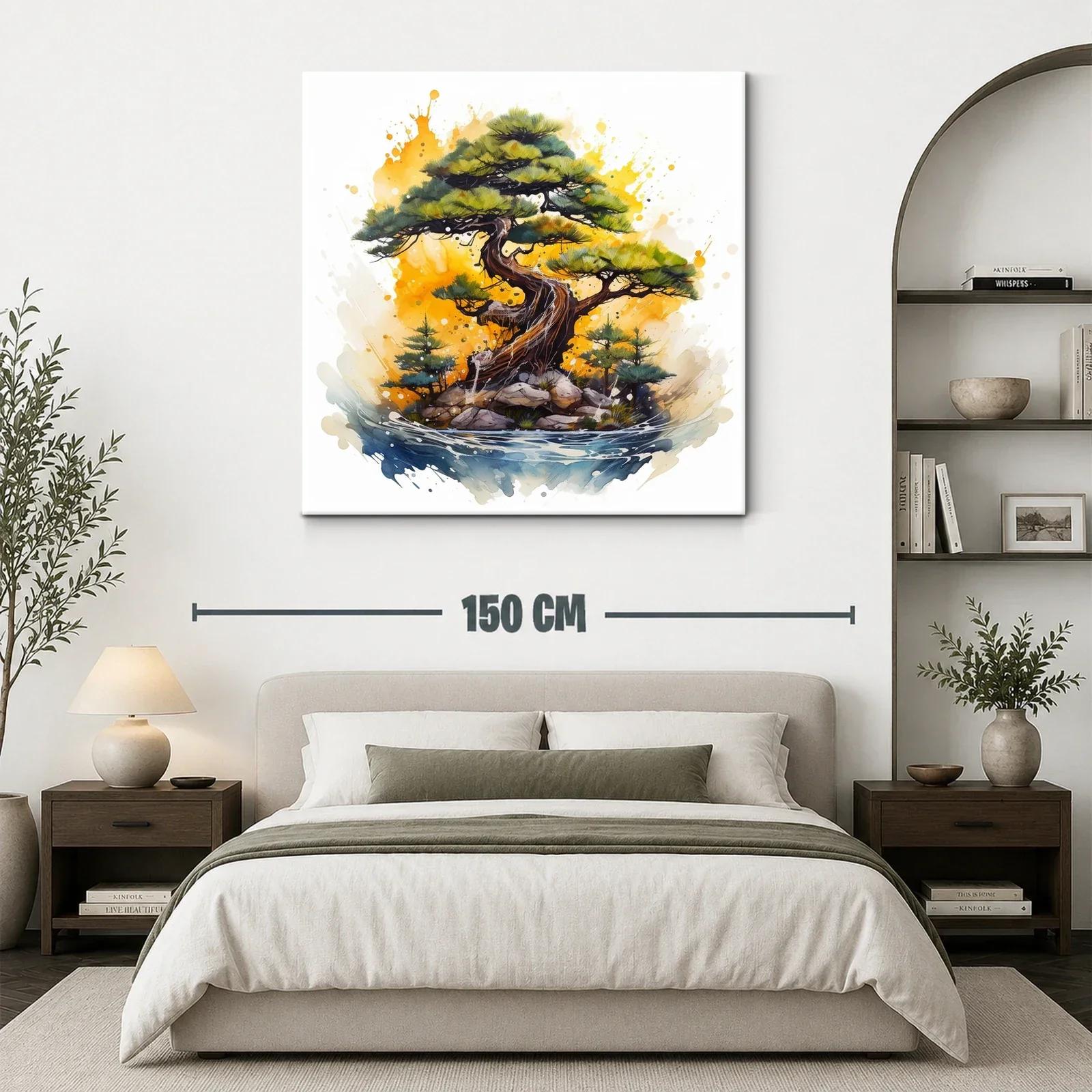 Árbol bonsái con paisaje vibrante y acuarela expresiva — miniatura 3