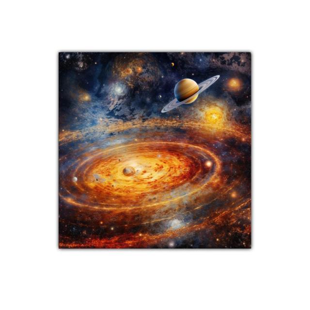 Galaxia en expansión con planetas y destellos cósmicos