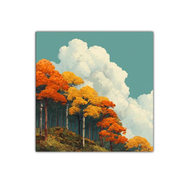 Bosque en otoño con cielo nublado y árboles coloridos