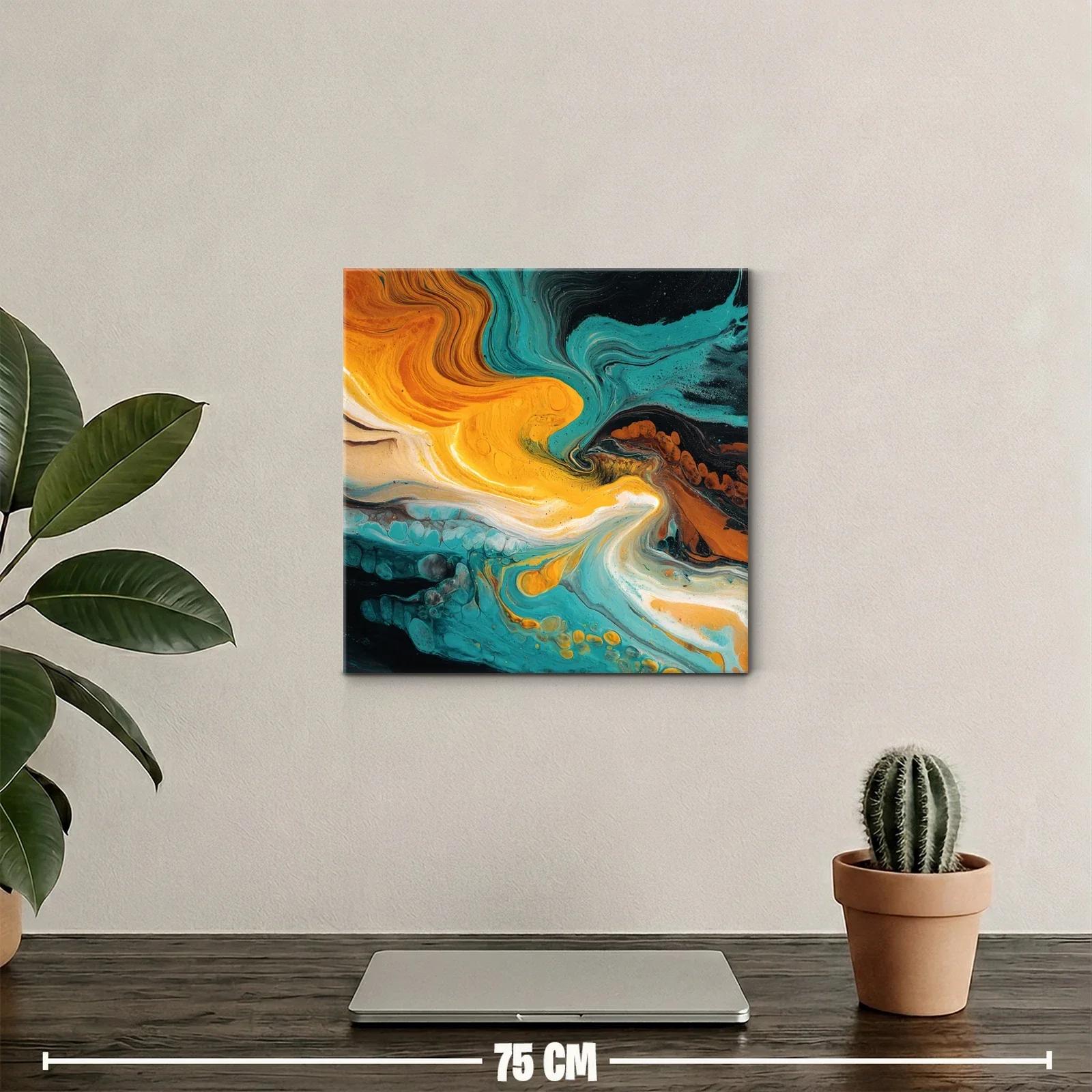 Cuadro abstracto con tonos turquesa y naranja vibrante — miniatura 2