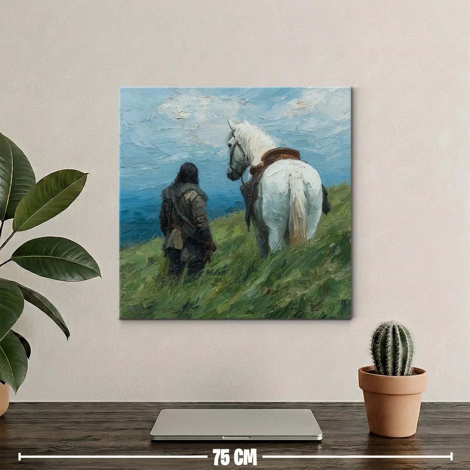 Escena Campestre con Jinete y Caballo Blanco en Paisaje Abierto — miniatura 2