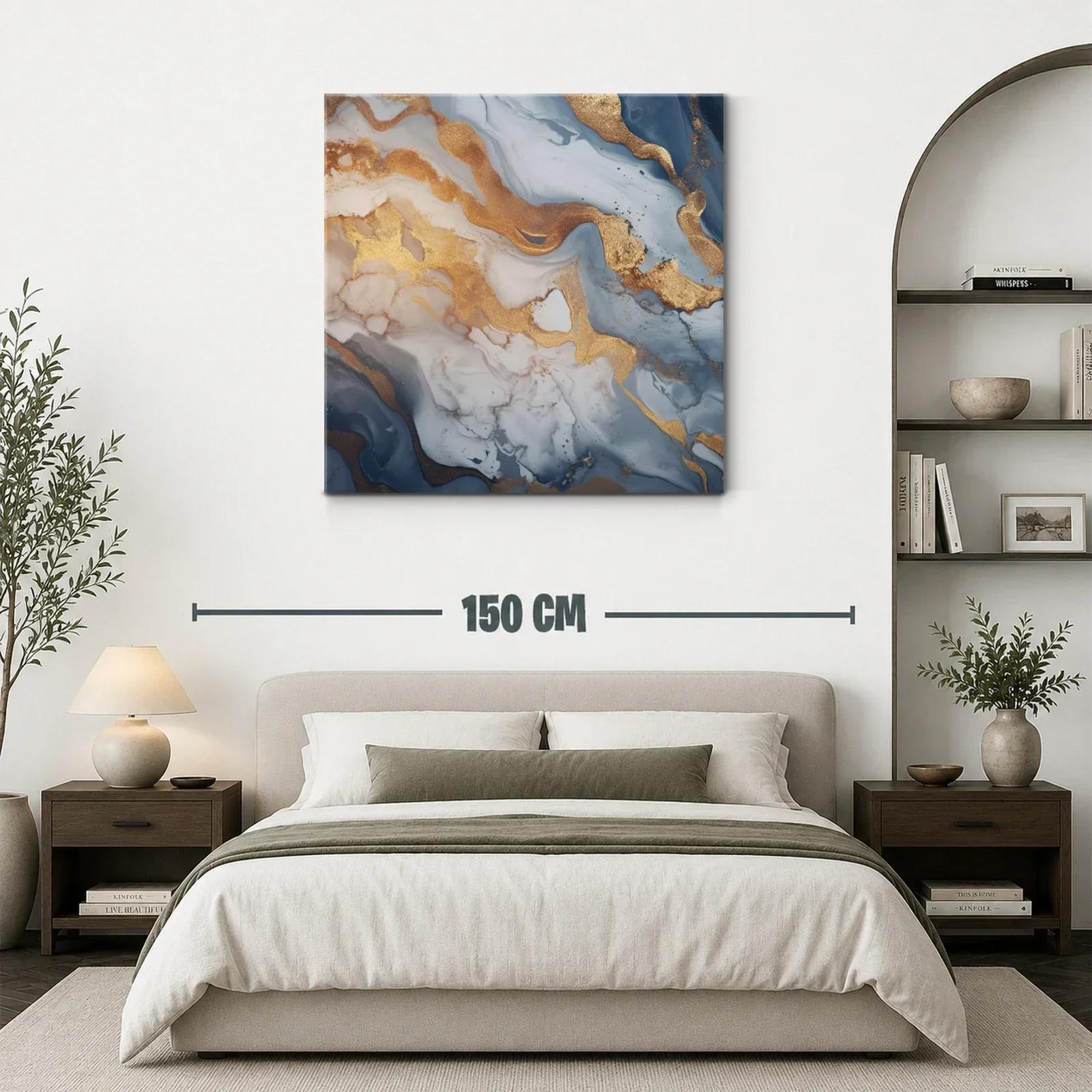 Cuadro abstracto con tonos dorados y azul grisáceo — miniatura 3